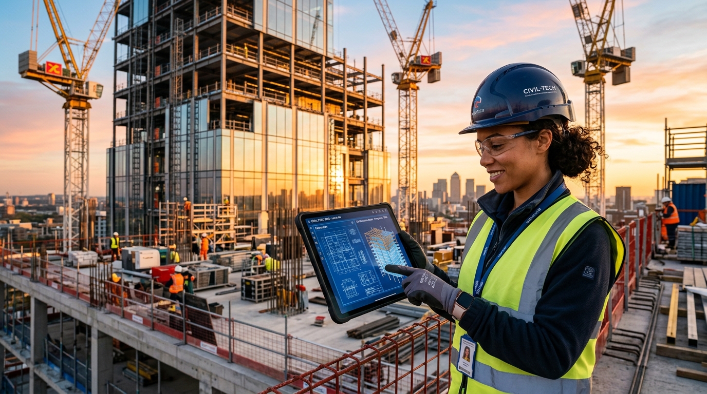 Civil Engineer on Modern Construction Site